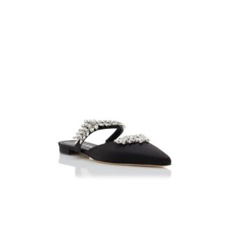 LURUMFLAT Black Satin Crystal Embellished Flat Mules