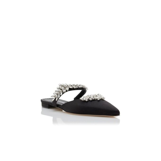 LURUMFLAT Black Satin Crystal Embellished Flat Mules