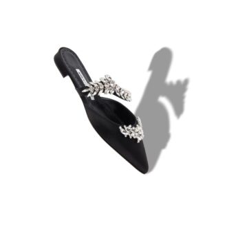 LURUMFLAT Black Satin Crystal Embellished Flat Mules