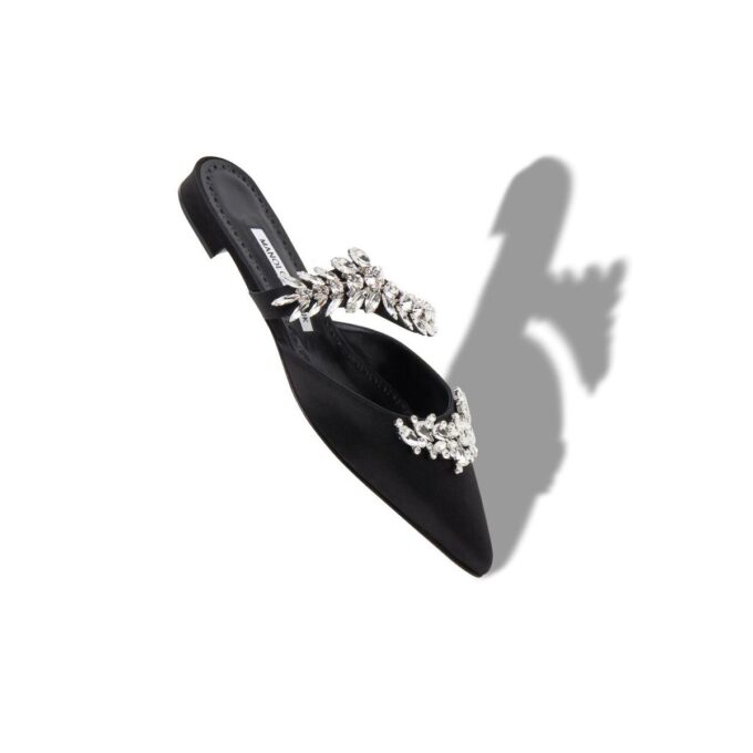 LURUMFLAT Black Satin Crystal Embellished Flat Mules