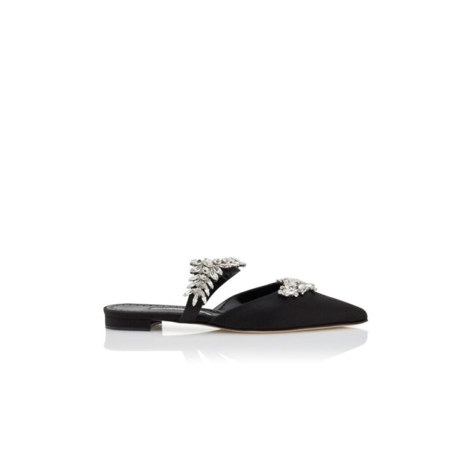 LURUMFLAT Black Satin Crystal Embellished Flat Mules