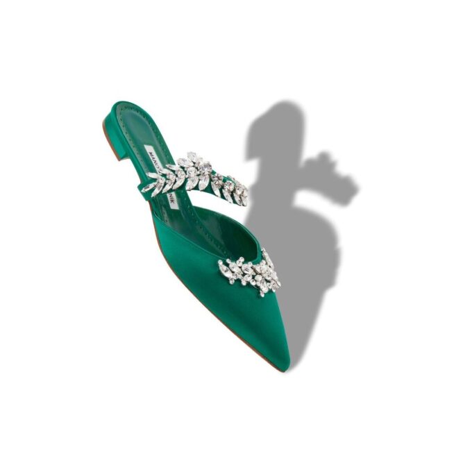 LURUMFLAT Green Satin Crystal Embellished Flat Mules