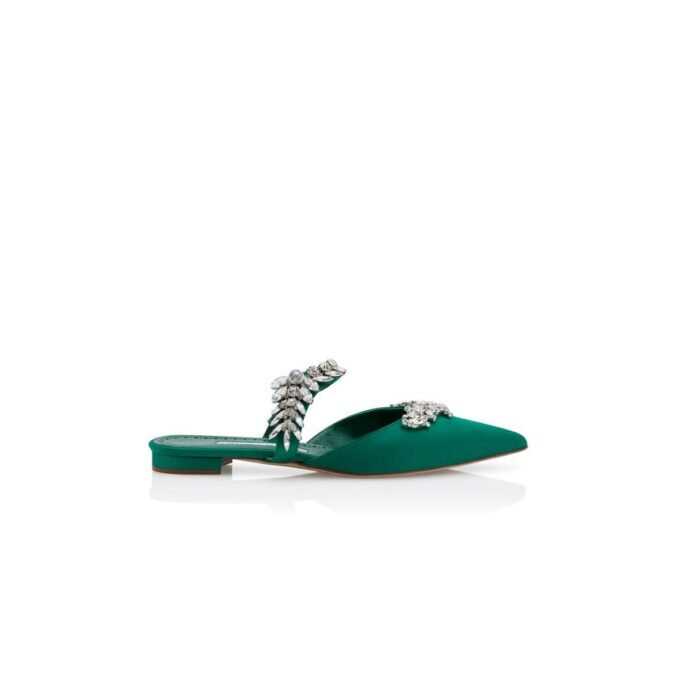 LURUMFLAT Green Satin Crystal Embellished Flat Mules