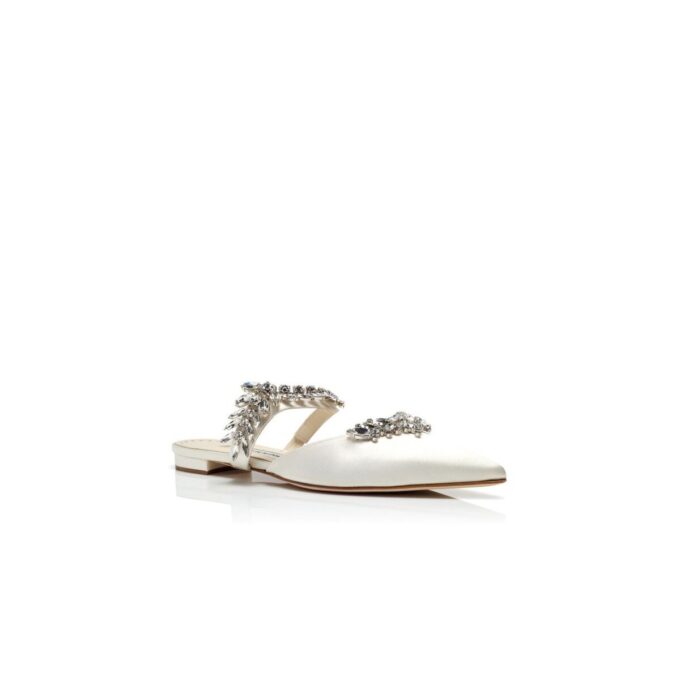LURUMFLAT Light Cream Satin Crystal Embellished Flat Mules
