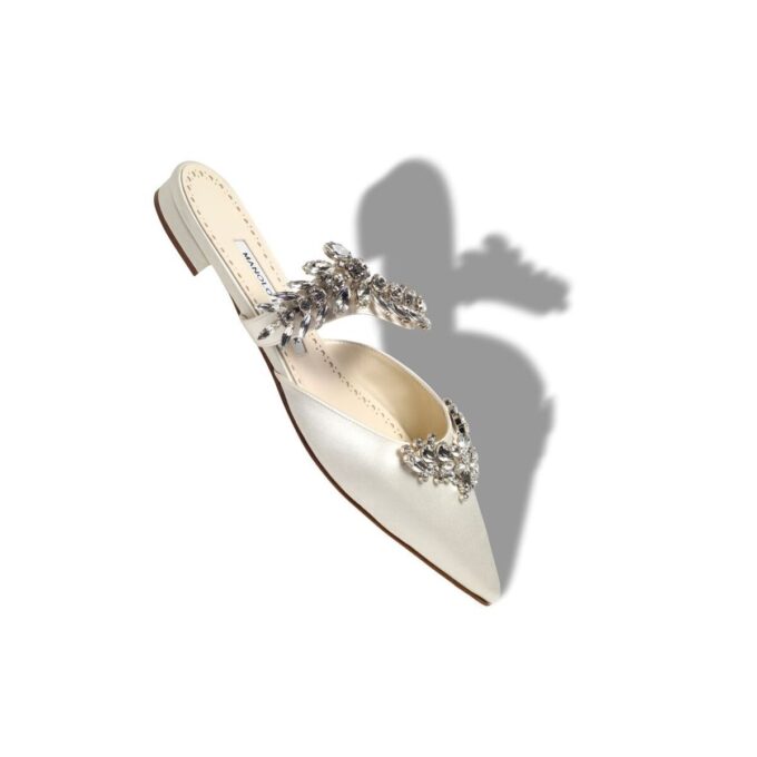 LURUMFLAT Light Cream Satin Crystal Embellished Flat Mules