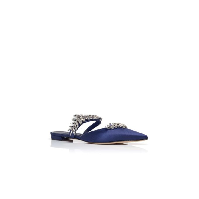 LURUMFLAT Navy Blue Satin Crystal Embellished Flat Mules