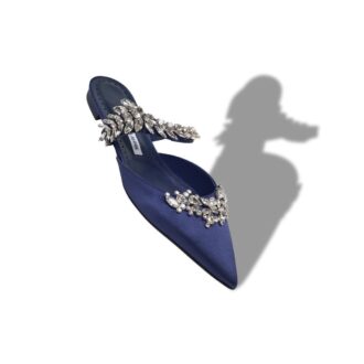 LURUMFLAT Navy Blue Satin Crystal Embellished Flat Mules