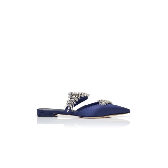 LURUMFLAT Navy Blue Satin Crystal Embellished Flat Mules