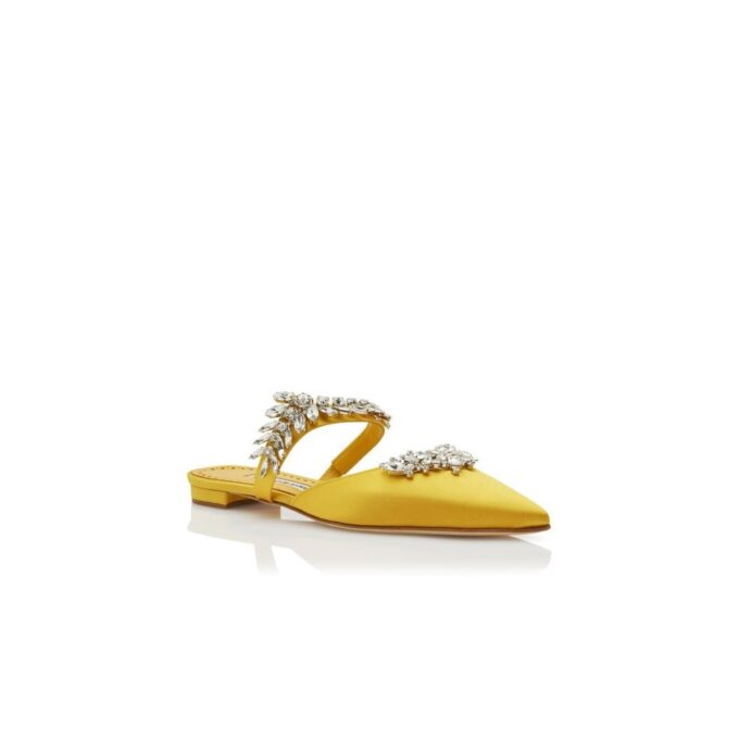 LURUMFLAT Yellow Satin Crystal Embellished Flat Mules