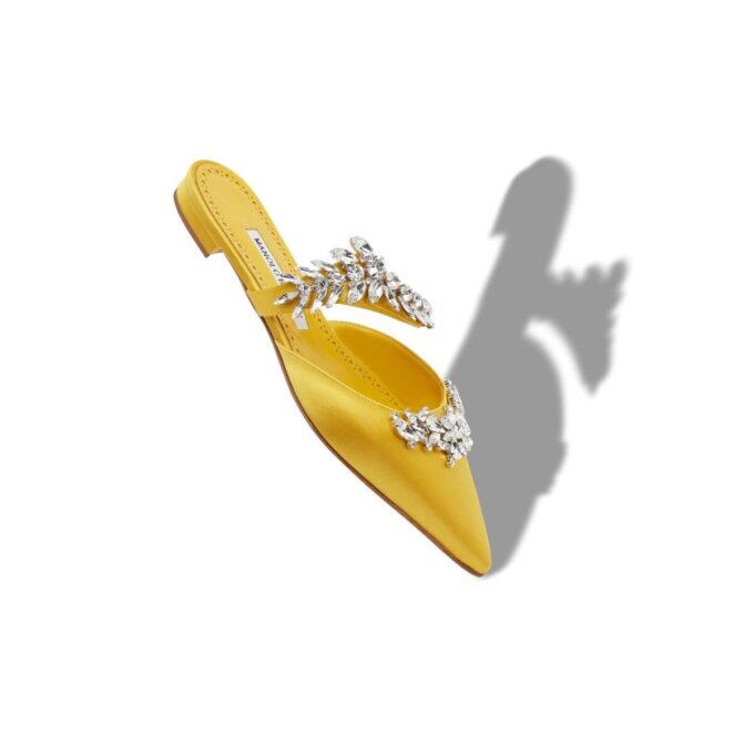 LURUMFLAT Yellow Satin Crystal Embellished Flat Mules