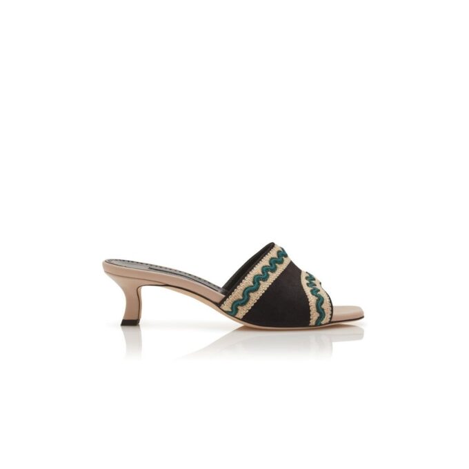 MAREBIS Light Beige and Black Suede Knitted Detail Mules