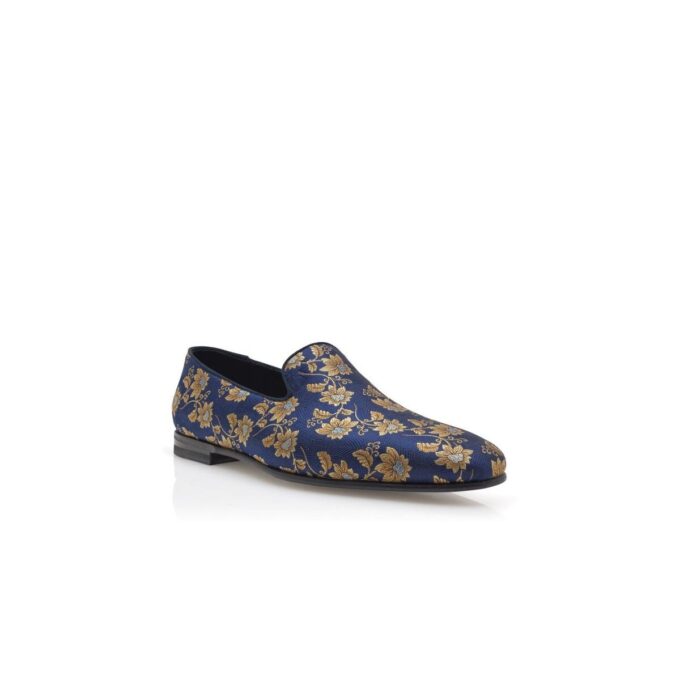 MARIO Navy Blue Floral Silk Jacquard Loafers