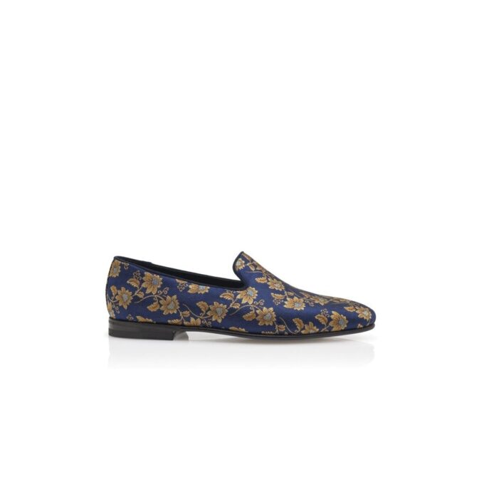 MARIO Navy Blue Floral Silk Jacquard Loafers