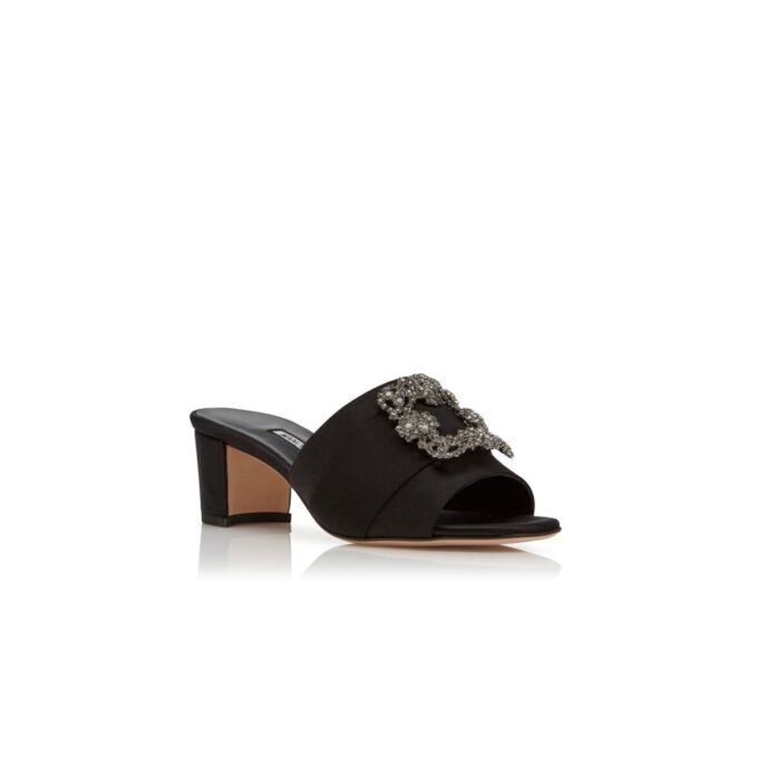 MARTANEW Black Satin Jewel Buckle Mules