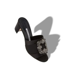 MARTANEW Black Satin Jewel Buckle Mules
