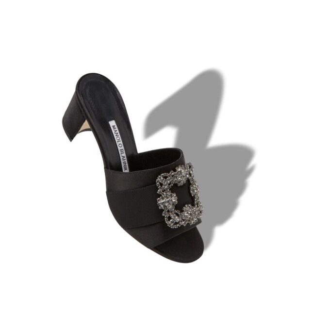 MARTANEW Black Satin Jewel Buckle Mules