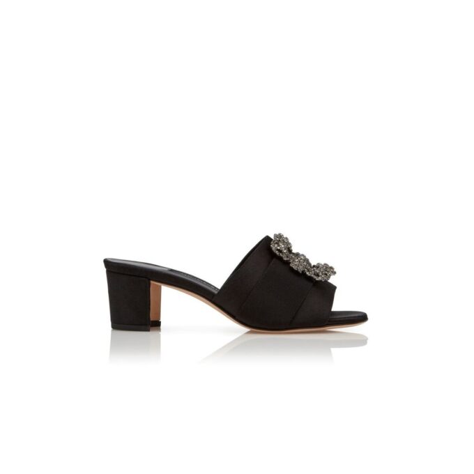 MARTANEW Black Satin Jewel Buckle Mules