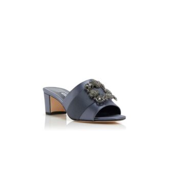 MARTANEW Blue-Grey Satin Jewel Buckle Mules