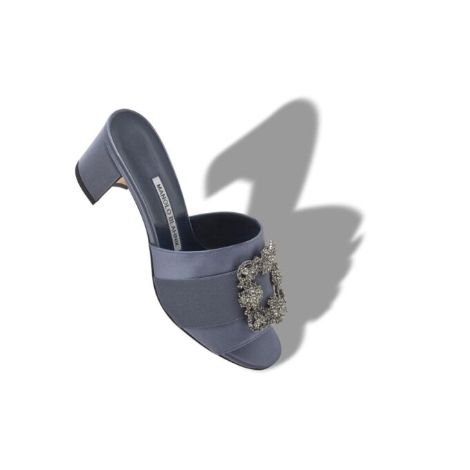 MARTANEW Blue-Grey Satin Jewel Buckle Mules