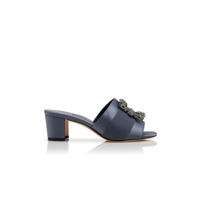 MARTANEW Blue-Grey Satin Jewel Buckle Mules
