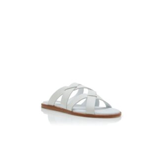 MARVINA White Calf Leather Crossover Flat Sandals