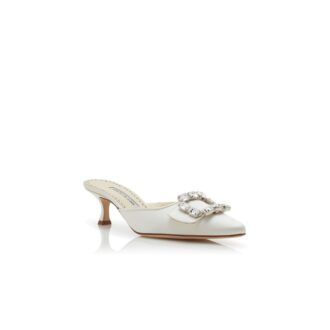 MAYJOU Cream Satin Crystal Buckle Mules