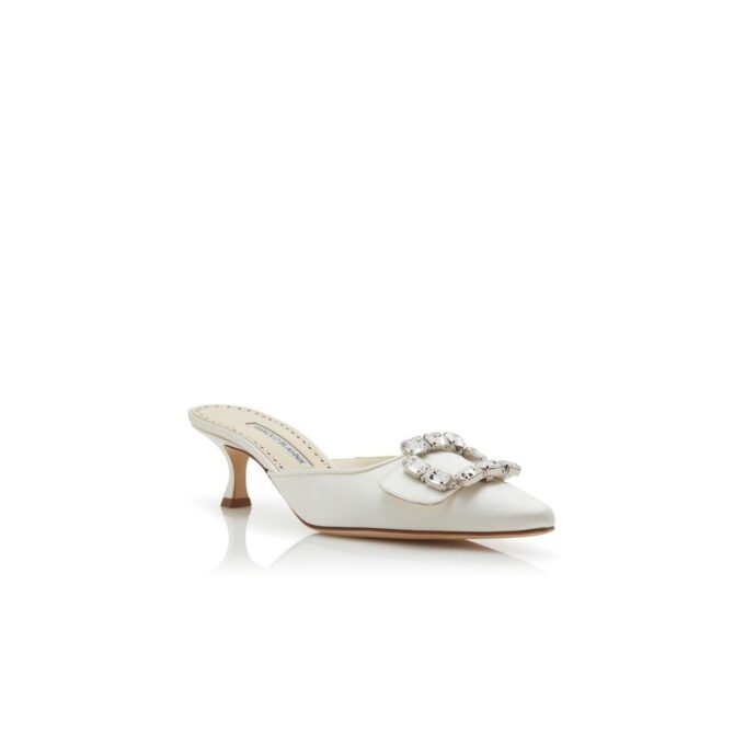 MAYJOU Cream Satin Crystal Buckle Mules