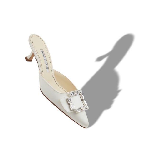 MAYJOU Cream Satin Crystal Buckle Mules