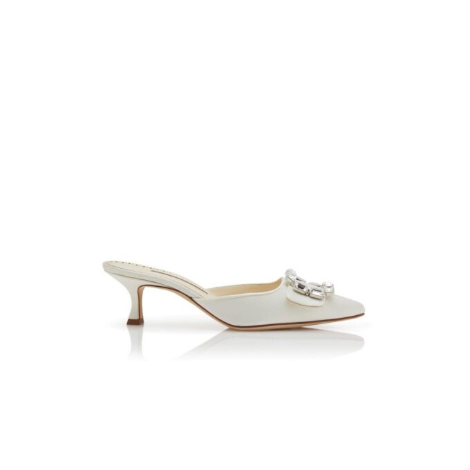 MAYJOU Cream Satin Crystal Buckle Mules
