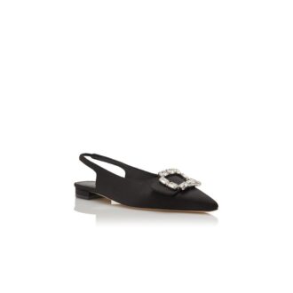 MAYJOUFLATSLI Black Satin Crystal Buckle Slingback Flat Pumps
