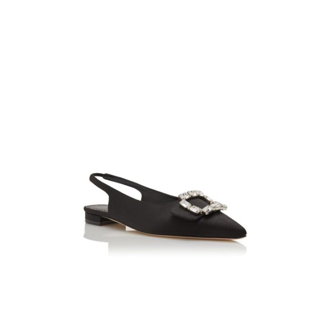 MAYJOUFLATSLI Black Satin Crystal Buckle Slingback Flat Pumps