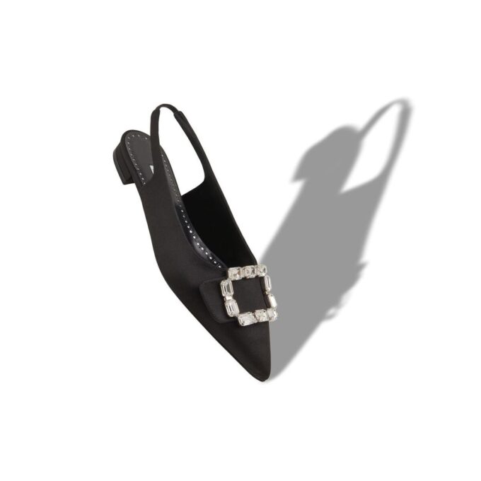 MAYJOUFLATSLI Black Satin Crystal Buckle Slingback Flat Pumps