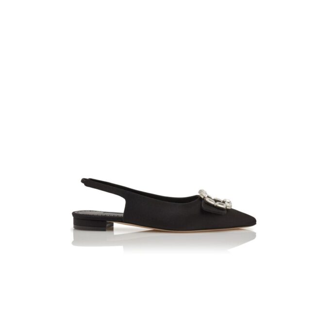 MAYJOUFLATSLI Black Satin Crystal Buckle Slingback Flat Pumps