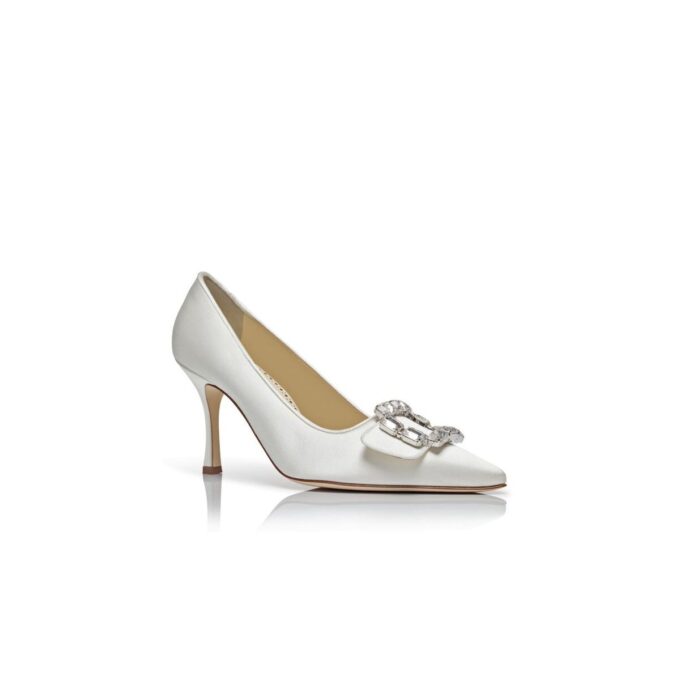 MAYJOUPUMP Cream Satin Crystal Buckle Pumps
