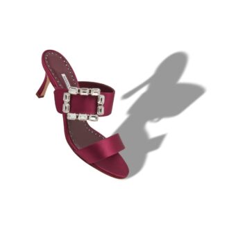 MAYJOUSAN Dark Red Satin Crystal Buckle Mules