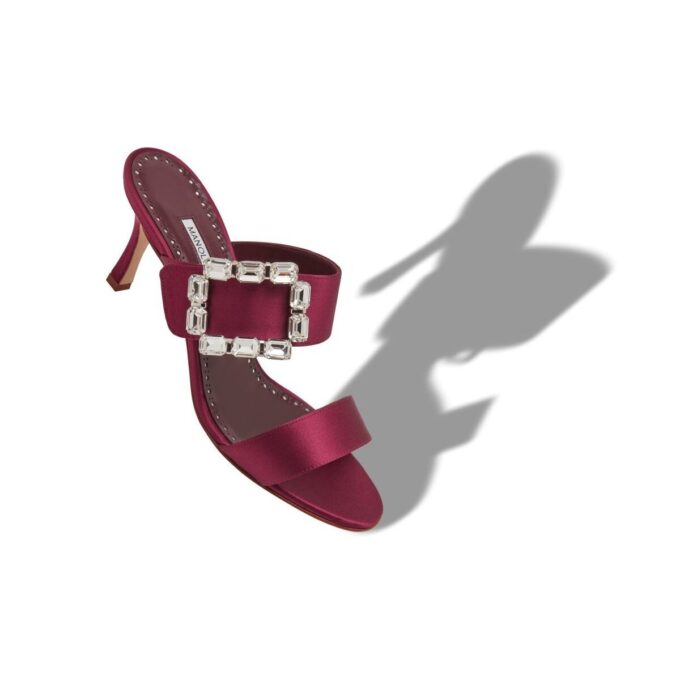 MAYJOUSAN Dark Red Satin Crystal Buckle Mules