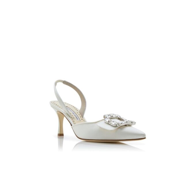 MAYJOUSLI Cream Satin Crystal Buckle Slingback Pumps