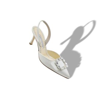 MAYJOUSLI Cream Satin Crystal Buckle Slingback Pumps