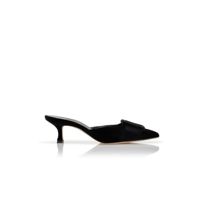 MAYSALE Black Velvet Buckle Detail Mules