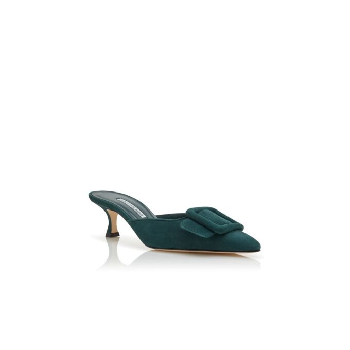 MAYSALE Dark Green Suede Buckle Detail Mules