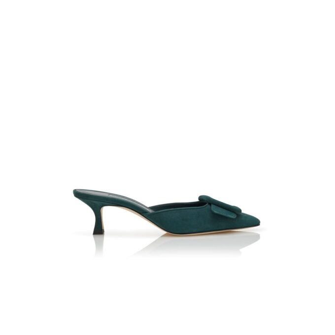 MAYSALE Dark Green Suede Buckle Detail Mules