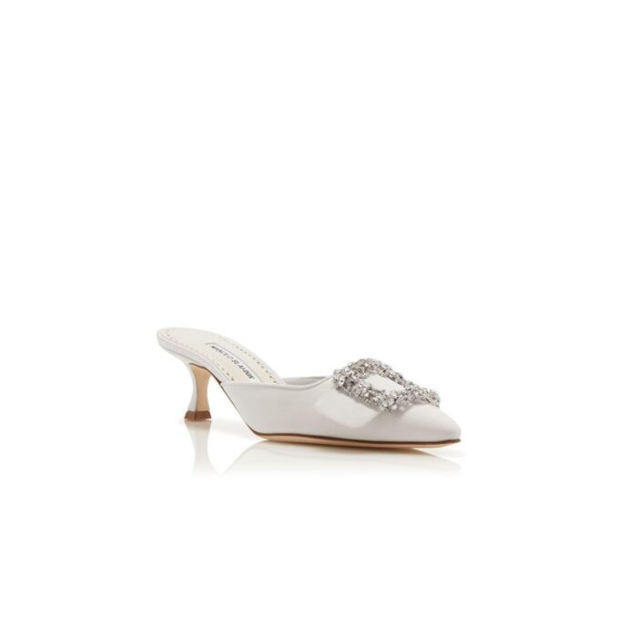 MAYSALE JEWEL White Satin Crystal Buckle Mules