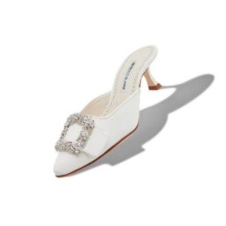 MAYSALE JEWEL White Satin Crystal Buckle Mules