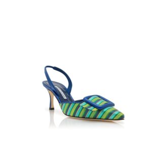 MAYSLIBI Blue and Green Cotton Buckle Detail Slingback Pumps