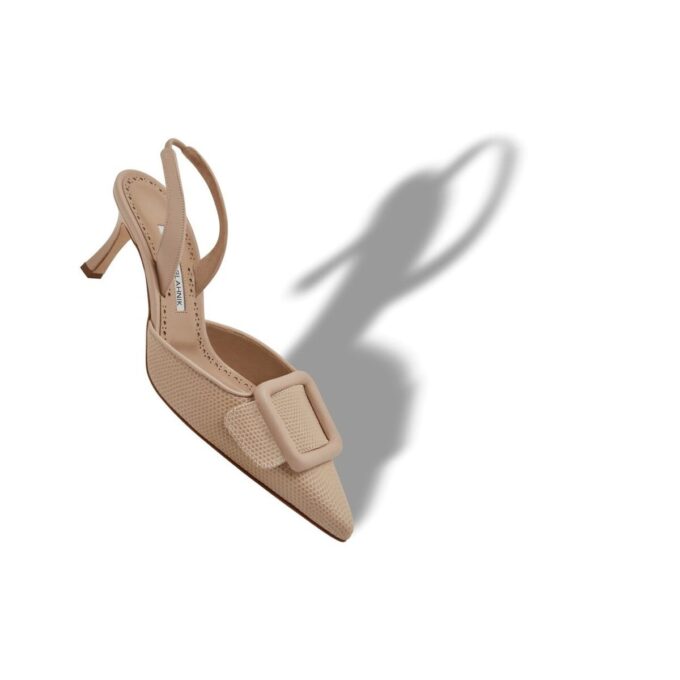 MAYSLIBI Light Beige Calf Leather Buckle Detail Slingback Pumps