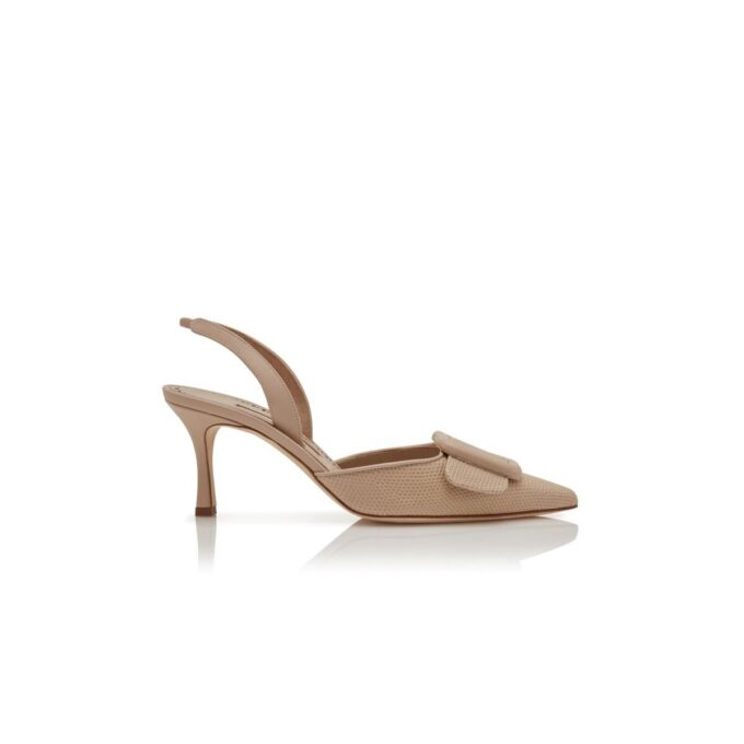 MAYSLIBI Light Beige Calf Leather Buckle Detail Slingback Pumps