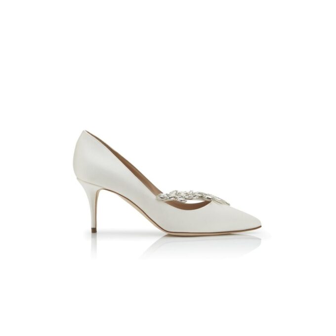NADIRA 70 White Satin Jewel Buckle Pumps