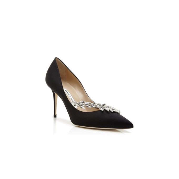 NADIRA Black Satin Jewel Buckle Pumps