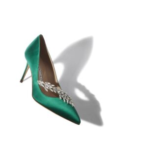 NADIRA Green Satin Jewel Buckle Pumps