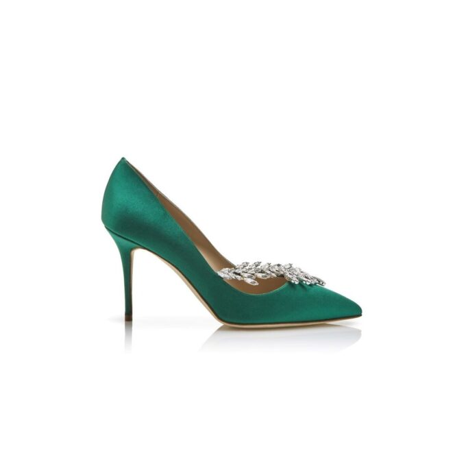 NADIRA Green Satin Jewel Buckle Pumps
